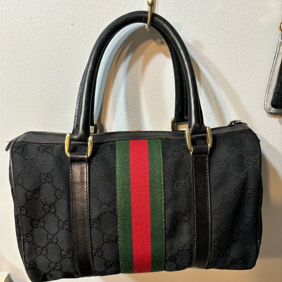 Gucci Black Canvas Monogram Sherry Stripes Boston Bag - Picture 13 of 13